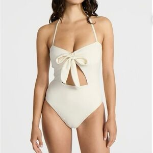 No Boundaries Ivory One-Piece Swimsuit with Front Tie, Women's Size L (12-14)